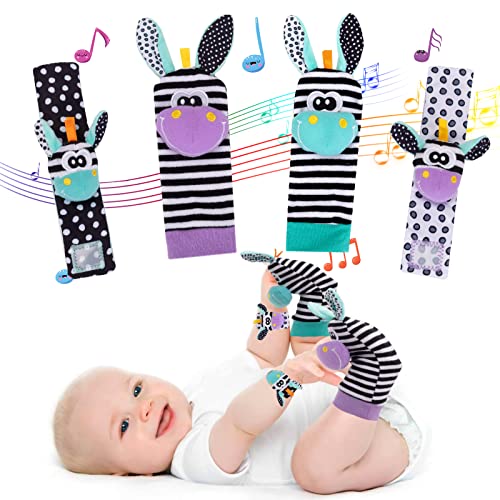 PADONISE Wrist Rattle Foot Finder Socks Set Arm Hand Bracelet Rattle Feet Leg Ankle Socks Newborn Soft Sensory Toys Baby Socks Newborn Rattles Toys for Babies 0-6 Months Infant Baby Gifts 6-12 Months PADONISE