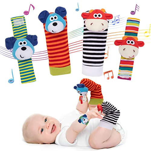 PADONISE Wrist Rattle Foot Finder Socks Set Arm Hand Bracelet Rattle Feet Leg Ankle Socks Newborn Soft Sensory Toys Baby Socks Newborn Rattles Toys for Babies 0-6 Months Infant Baby Gifts 6-12 Months PADONISE