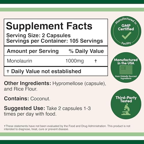 Monolaurin Immune Support Supplement 1,000mg per Serving, 210 Capsules (Vegan Safe, Non-GMO, Gluten Free, Manufactured in The USA) Immune Booster for Adults, Immune System Defense by Double Wood Double Wood Supplements