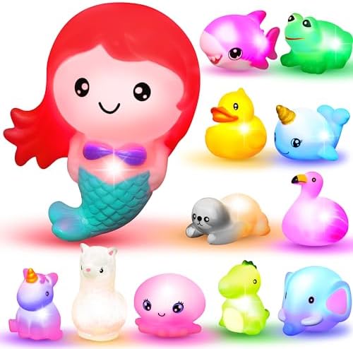 JOYIN 12Pcs Light Up Bath Toys, Toddler Flashing Colourful LED Bathtub Mermaid Toy, Baby Bathtime Floating Rubber Shower Toy for Infant Baby Kids Boy Girl Birthday Valentines Gift Swimming Pool Party JOYIN