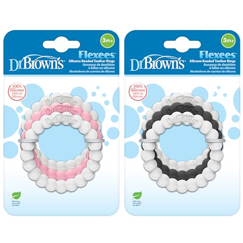 Dr. Brown's Flexees Beaded Baby Teether Rings,Soft 100% Silicone,6 Pack,Blue,Light Blue,Black,White,Gray,BPA Free,3m+ Dr. Brown's
