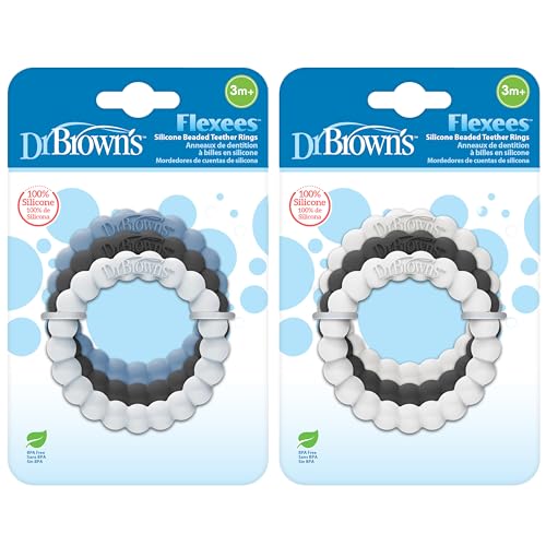 Dr. Brown's Flexees Beaded Baby Teether Rings,Soft 100% Silicone,6 Pack,Blue,Light Blue,Black,White,Gray,BPA Free,3m+ Dr. Brown's
