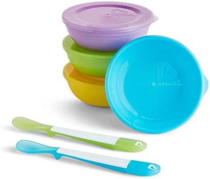 Набор для детского питания Munchkin® Love-a-Bowls™, состоящий из 10 предметов, включает миски с крышками и ложки, разноцветные и безопасные детские ложки White Hot®, 4 шт. Munchkin