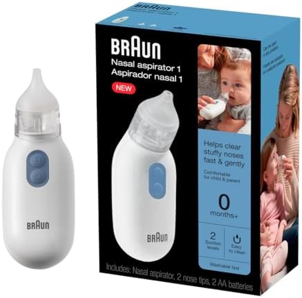 Braun Electric Nasal Aspirator - Mucus Remover, Blocked Nose Relief for Newborn, Baby and Toddler, Electric Suction Power, 2 Suction Levels, 2 Nose Tip Sizes, Dishwasher Safe, FSA and HSA Eligible Braun