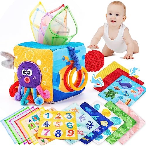 hahaland Baby Tissue Box Toy - Baby Toys 6-12 Months Montessori Toys for 6 Month Old Toys with Textured Tails, Cloth Tissues, Crinkle, Squeaky Sounds, Mirror - 9 10 12 18 Month Old Toys Hahaland