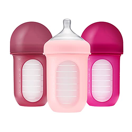 Boon Nursh Reusable Baby Bottle with Collapsible Silicone Pouch Design - Everyday Baby Essentials - Stage 2 Medium Flow Baby Bottles - Color Block - 8 Oz Boon