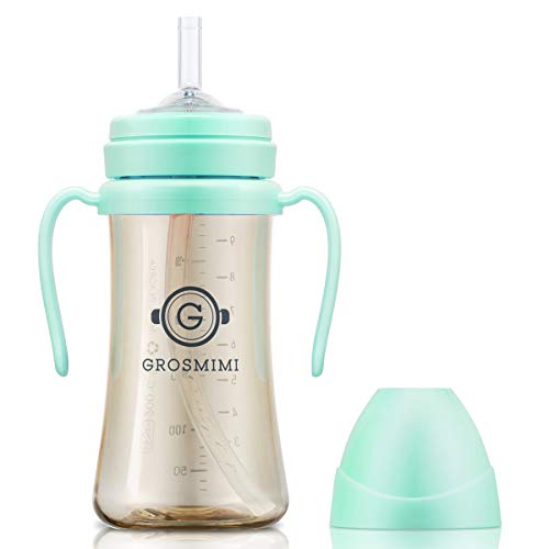 GROSMIMI Spill Proof no Spill Magic Sippy Cup с трубочкой и ручкой для детей и малышей, настраиваемый, PPSU, без BPA, 10 унций (голубовато-зеленый) GROSMIMI