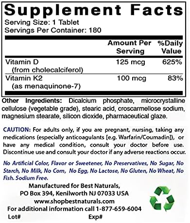 Best Naturals Vitamin K2 (MK7) with D3 Supplement Bone and Heart Health (5000 IU Vitamin D3 & 100 mcg Vitamin K2 MK7), 180 Tablets Best Naturals