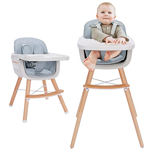 3-in-1 Convertible Wooden High Chair,Baby High Chair with Adjustable Legs & Dishwasher Safe Tray, Made of Sleek Hardwood & Premium Leatherette, Gray Color Mallify