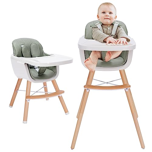 3-in-1 Convertible Wooden High Chair,Baby High Chair with Adjustable Legs & Dishwasher Safe Tray, Made of Sleek Hardwood & Premium Leatherette, Gray Color Mallify