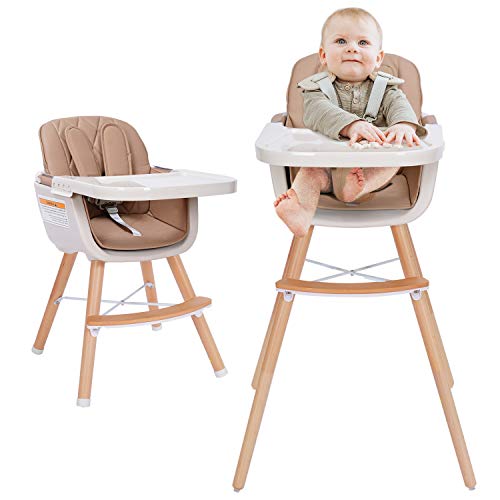 3-in-1 Convertible Wooden High Chair,Baby High Chair with Adjustable Legs & Dishwasher Safe Tray, Made of Sleek Hardwood & Premium Leatherette, Gray Color Mallify