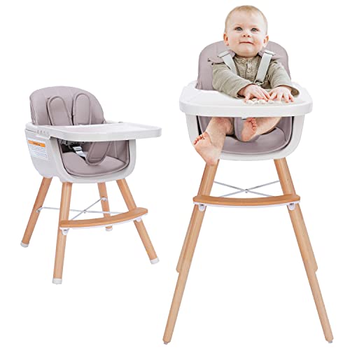 3-in-1 Convertible Wooden High Chair,Baby High Chair with Adjustable Legs & Dishwasher Safe Tray, Made of Sleek Hardwood & Premium Leatherette, Gray Color Mallify