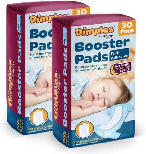 Inspire Dimples Booster Pads, Baby Diaper Doubler with Adhesive - 1 Size Fits All Diapers - Boosts Diaper Absorbency - No More leaks 60 Count (with Adhesive for Secure Fit) Inspire