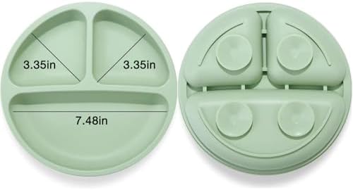 Набор силиконовой посуды для кормления детей | 2 разделенные тарелки с присосками и 2 ложки | Безопасные принадлежности для самостоятельного питания (Зеленый/Серый) PandaEar