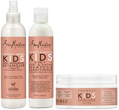 SheaMoisture Kids Extra Moisturizing Detangler, 2-In-1 Curl & Shine Coconut Hibiscus Shampoo & Conditioner, and Curling Butter Cream for Curly Hair 3 Count SheaMoisture