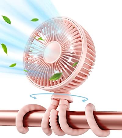Вентилятор для детской коляски Gaiatop, колеблющийся мини-портативный вентилятор емкостью 4000 мАч с подсветкой, 4-скоростной небольшой портативный настольный вентилятор с батарейным питанием, вращающийся на 360 ° гибкий вентилятор с зажимом для штатива для путешествий в кроватке автокресла (розовый) Gaiatop