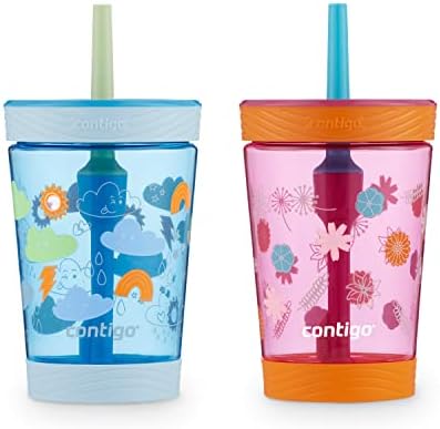 Непроливаемый стакан Contigo Kids на 14 унций с соломинкой и пластиком, не содержащим BPA, подходит для большинства подстаканников и можно мыть в посудомоечной машине, 2 упаковки с клубничным кремом и синей малиной Contigo