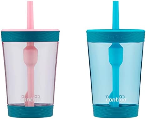 Непроливаемый стакан Contigo Kids на 14 унций с соломинкой и пластиком, не содержащим BPA, подходит для большинства подстаканников и можно мыть в посудомоечной машине, 2 упаковки с клубничным кремом и синей малиной Contigo
