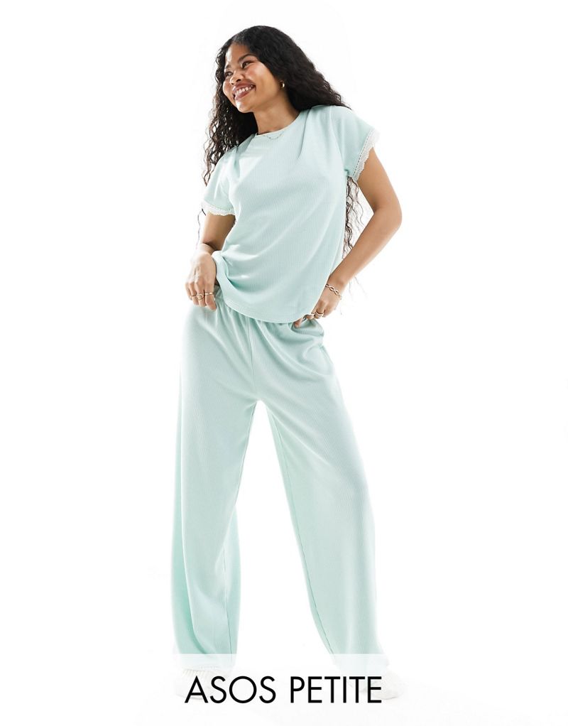 Зеленые пижамные брюки с вафельным узором и кружевом ASOS DESIGN Petite ASOS Petite
