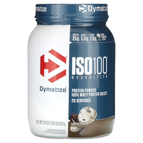 ISO100 гидролизованный, 100 % изолят сывороточного протеина, печенье и сливки, 1,36 фунта (620 г) Dymatize