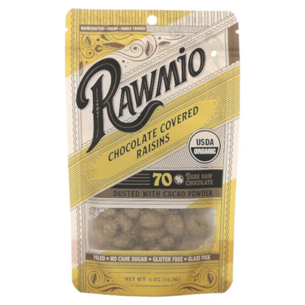 Chocolate Covered Raisins, 70% Dark Raw Chocolate, 2 oz (56.7 g) Rawmio