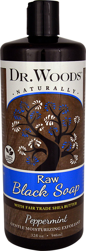 Натуральное сырое черное мыло с маслом ши, произведенным по справедливой торговле, — перечная мята, 32 жидких унции Dr. Woods