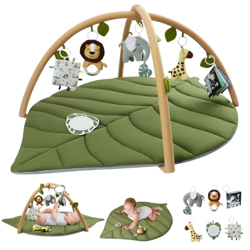 Blissful Diary Baby Play Gym & Activity Mat, Oversize Leaf Shaped Baby Play Mat w 6 Detachable Toys, Tummy Time Mat Promote Motor Skills & Sensory Development Mat, Newborn Infant Baby Essentials Gift Blissful Diary