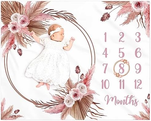 Gicoherero Floral Boho Baby Monthly Milestone Blanket Little Girl Bohemian Photo Prop Blanket Personalized Bliss Baby Present Pampas Grass Ideas for Newborn Princess Pink Nursery Décor 40" X 50" Gicoherero