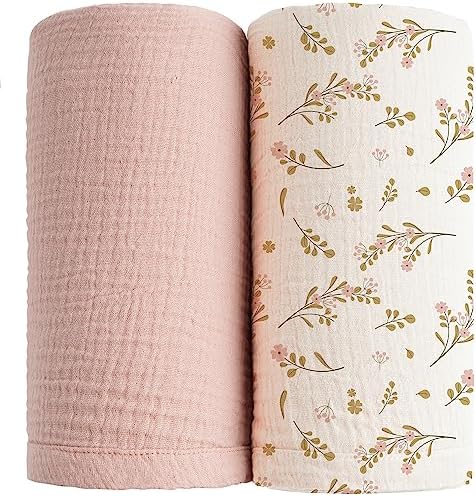 Konssy 2 Pack Muslin Swaddle Blankets for Baby Boys Girls, Receiving Blanket Large 47 x 47 inches, Soft Breathable Muslin Baby Blanket for Unisex Newborn(Pink, Floral) Konssy