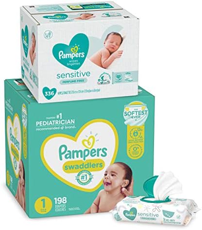 Diapers Size 1, 198 Count and Baby Wipes - Pampers Swaddlers Disposable Baby Diapers and Water Baby Wipes Sensitive Pop-Top Packs, 336 Count (Packaging May Vary) Pampers