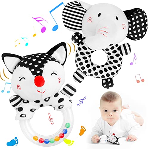 FPVERA Baby Rattles 0-6 Months: Soft Rattles for Babies 0-6 Months Newborn Sensory Toys, High Contrast Black and White Baby Toys 0-3 Months Plush Rattle Toy for Infant Boys Girls Shower Gift, 2PCS FPVERA