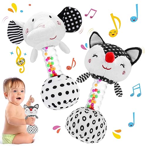 FPVERA Baby Rattles 0-6 Months: Soft Rattles for Babies 0-6 Months Newborn Sensory Toys, High Contrast Black and White Baby Toys 0-3 Months Plush Rattle Toy for Infant Boys Girls Shower Gift, 2PCS FPVERA