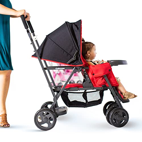 Двойная коляска Joovy Caboose Sit and Stand с задней скамьей и платформой для стояния, сиденьями с регулируемым наклоном в трех направлениях, дополнительным задним сиденьем и универсальным адаптером для автомобильного сиденья (янтарный) Joovy