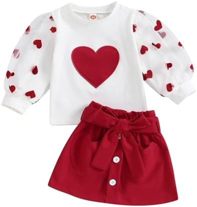 VSQWLZT Детские наряды на День святого Валентина для маленьких девочек, кружевные рубашки с длинными рукавами, свитшот с сердечками и красная юбка, 2 шт. VSQWLZT