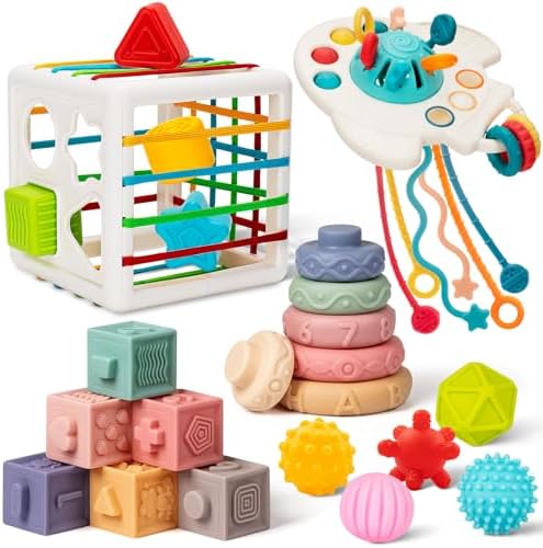 Baby Toys 6 to 12 Months, 5 In 1 Montessori Toys for 1 Year Old, Incl Travel Pull String Toy & Shape Sorter & Stacking Baby Block & Soft Infant Ring & Sensory Ball for Toddler 0-3-6-9-12 Month Jyusmile