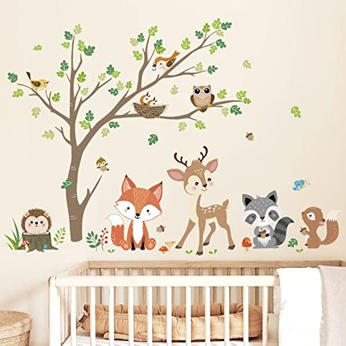 decalmile Woodland Animals Tree Wall Stickers Fox Deer Owl Wall Decals Baby Nursery Kids Bedroom Living Room Wall Decor Decalmile