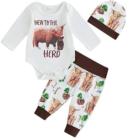 Omkzanbi New to the Herd Боди для новорожденных мальчиков и девочек Комбинезон-комбинезон Highland Cow Jogger Брюки Шапки Вестерн Для возвращения домой Милый осенний наряд Omkzanbi
