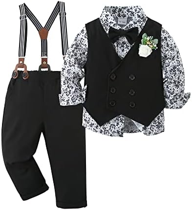 YALLET Одежда для маленьких мальчиков, костюм, джентльменская свадебная одежда, деловая рубашка + галстук-бабочка + жилет + бутоньерка + брюки на подтяжках YALLET