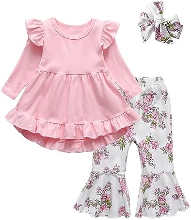 KuKitty, одежда для маленьких девочек, однотонные топы с длинными рукавами и рюшами, брюки-клеш с цветочным принтом и повязка на голову, комплект одежды KuKitty