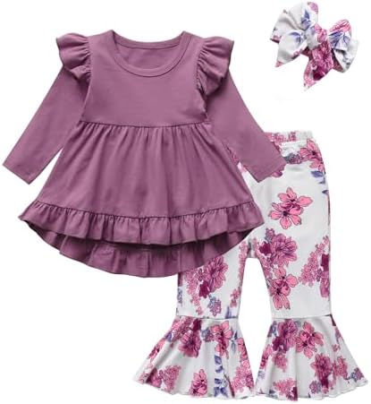 KuKitty, одежда для маленьких девочек, однотонные топы с длинными рукавами и рюшами, брюки-клеш с цветочным принтом и повязка на голову, комплект одежды KuKitty