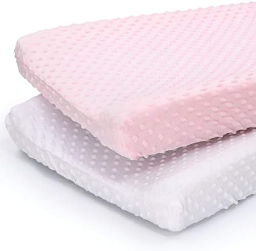 The Peanutshell Plush Minky Changing Pad Covers for Baby Girls | 2 Pack Set | Pink and White The Peanutshell