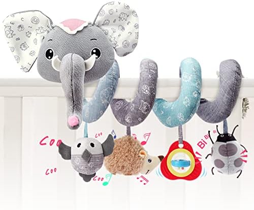 JERICETOY Plush Baby Car Seat and Stroller Toy - Spiral Elephant with Music, Squeaker, and Rattles for Car Seat, Stroller, Crib, Bassinet JERICETOY