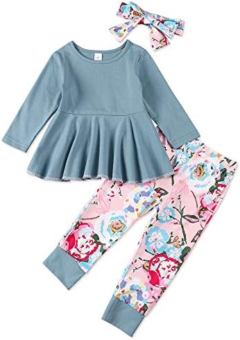 bilison Одежда для маленьких девочек, однотонные топы с рюшами, штаны с цветочным принтом и милый комплект одежды с повязкой на голову Bilison