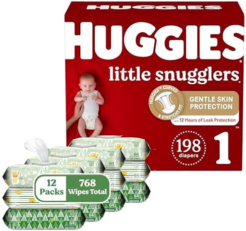 Набор подгузников и салфеток HUGGIES: 198 подгузников, размер 1, запас на 1 месяц и 12 упаковок детских салфеток без запаха, всего 768 шт. Huggies