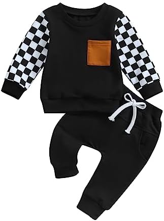 Осенне-зимняя одежда Ehfomius для маленьких мальчиков и девочек, клетчатый свитшот с круглым вырезом и длинными рукавами, топ, брюки для бега, комплект из 2 предметов Ehfomius