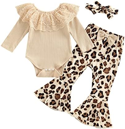 Fhutpw, одежда для маленьких девочек, осенние наряды для новорожденных 3, 6, 12, 18 месяцев, вязаный длинный комбинезон с рюшами, комплекты топов и брюк-клеш Fhutpw