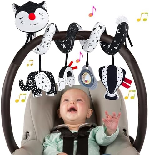 Car Seat Toys for Babies 0-6 Months, Infant Spiral Activity Toys Baby Gril Car Seat Toys 6-12 Months Hanging Stroller Toys for Baby Girls 0-6 Months with Musical Owl Rattle Sheep - Pink Elephant BATOHO