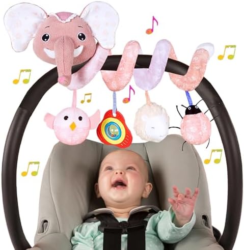 Car Seat Toys for Babies 0-6 Months, Infant Spiral Activity Toys Baby Gril Car Seat Toys 6-12 Months Hanging Stroller Toys for Baby Girls 0-6 Months with Musical Owl Rattle Sheep - Pink Elephant BATOHO