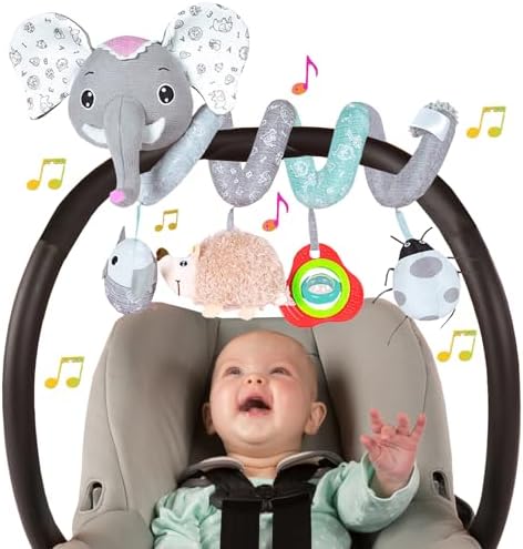 Car Seat Toys for Babies 0-6 Months, Infant Spiral Activity Toys Baby Gril Car Seat Toys 6-12 Months Hanging Stroller Toys for Baby Girls 0-6 Months with Musical Owl Rattle Sheep - Pink Elephant BATOHO