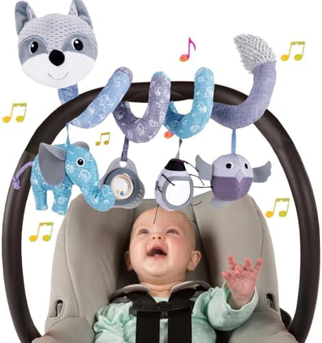 Car Seat Toys for Babies 0-6 Months, Infant Spiral Activity Toys Baby Gril Car Seat Toys 6-12 Months Hanging Stroller Toys for Baby Girls 0-6 Months with Musical Owl Rattle Sheep - Pink Elephant BATOHO